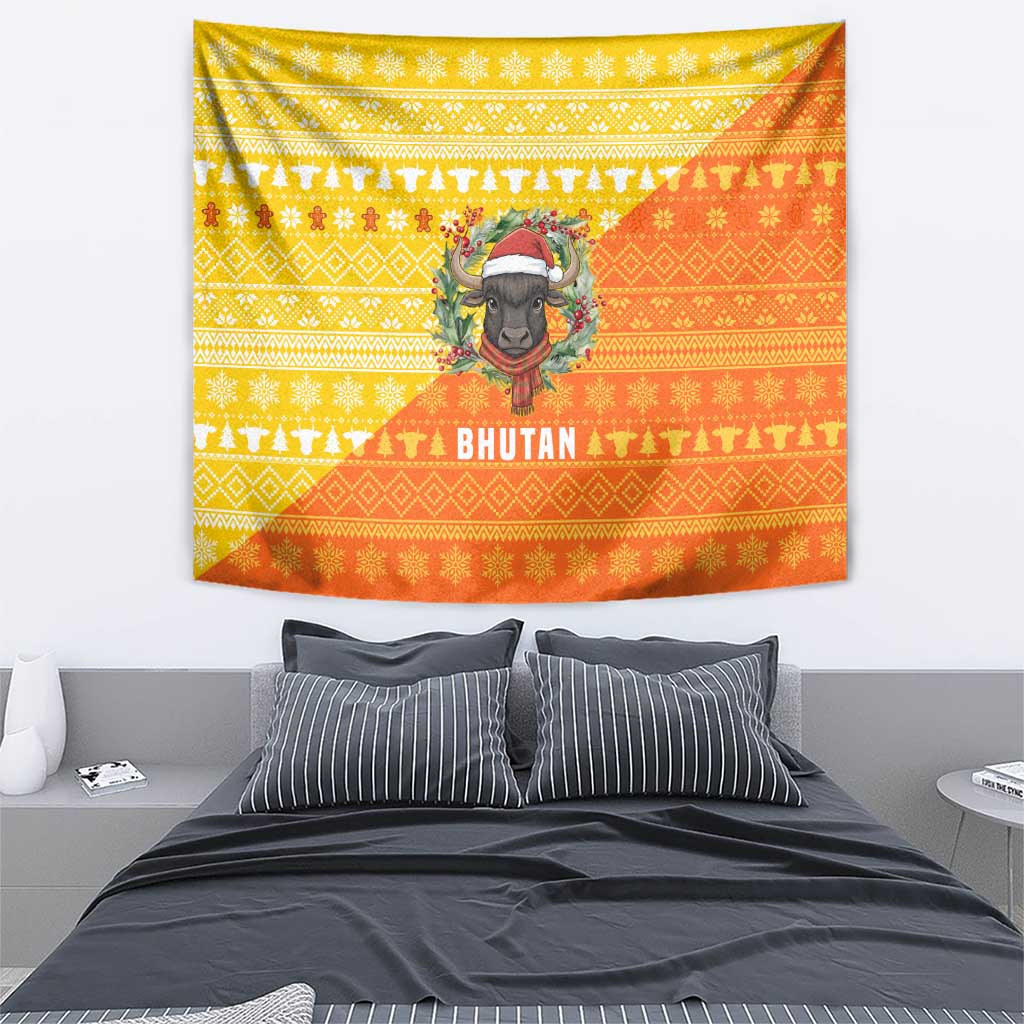 Bhutan Christmas Tapestry with Takin Reindeer Antlers Santa Hat and Yellow Orange Holiday Pattern - Wonder Print Shop