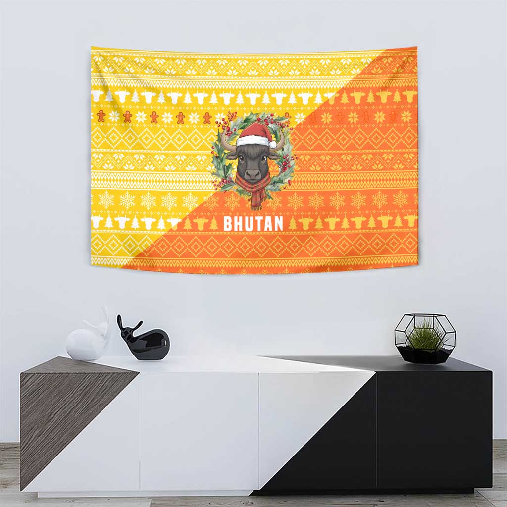 Bhutan Christmas Tapestry with Takin Reindeer Antlers Santa Hat and Yellow Orange Holiday Pattern - Wonder Print Shop