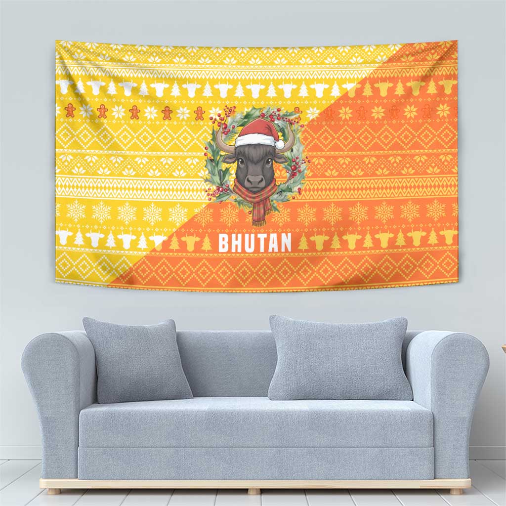 Bhutan Christmas Tapestry with Takin Reindeer Antlers Santa Hat and Yellow Orange Holiday Pattern - Wonder Print Shop