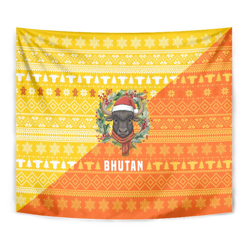 Bhutan Christmas Tapestry with Takin Reindeer Antlers Santa Hat and Yellow Orange Holiday Pattern - Wonder Print Shop