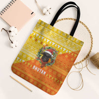 Bhutan Christmas Tote Bag with Takin Reindeer Antlers Santa Hat and Yellow Orange Holiday Pattern - Wonder Print Shop