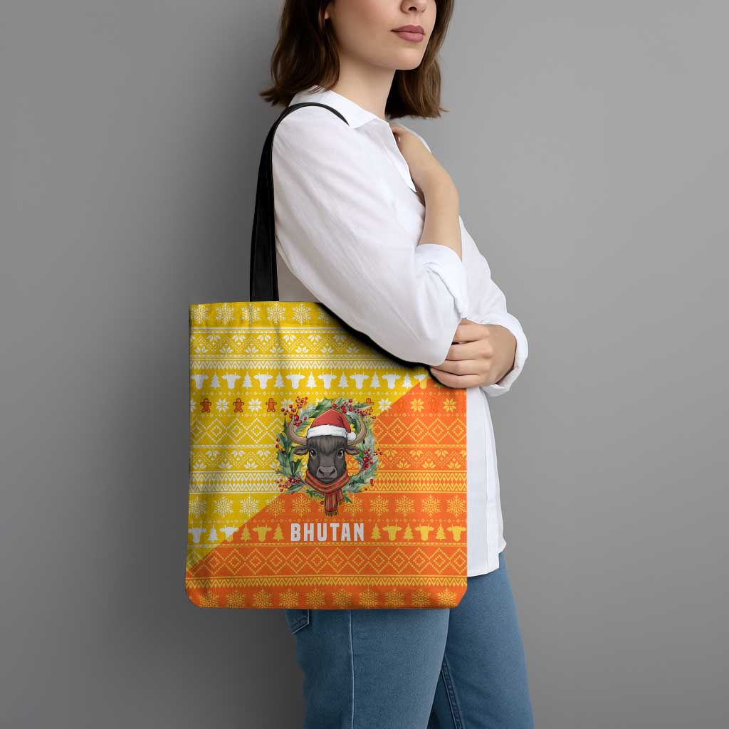 Bhutan Christmas Tote Bag with Takin Reindeer Antlers Santa Hat and Yellow Orange Holiday Pattern - Wonder Print Shop