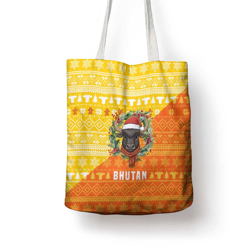 Bhutan Christmas Tote Bag with Takin Reindeer Antlers Santa Hat and Yellow Orange Holiday Pattern - Wonder Print Shop