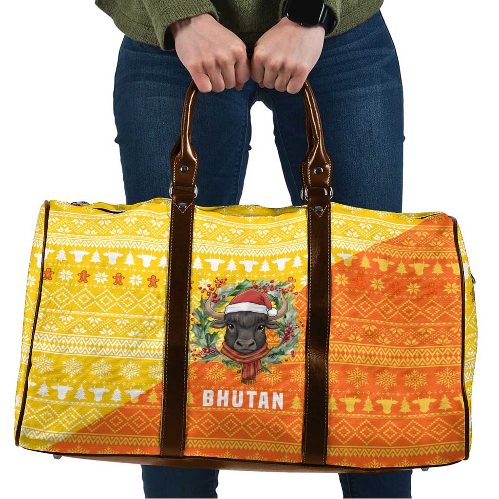 Bhutan Christmas Travel Bag with Takin Reindeer Antlers Santa Hat and Yellow Orange Holiday Pattern - Wonder Print Shop