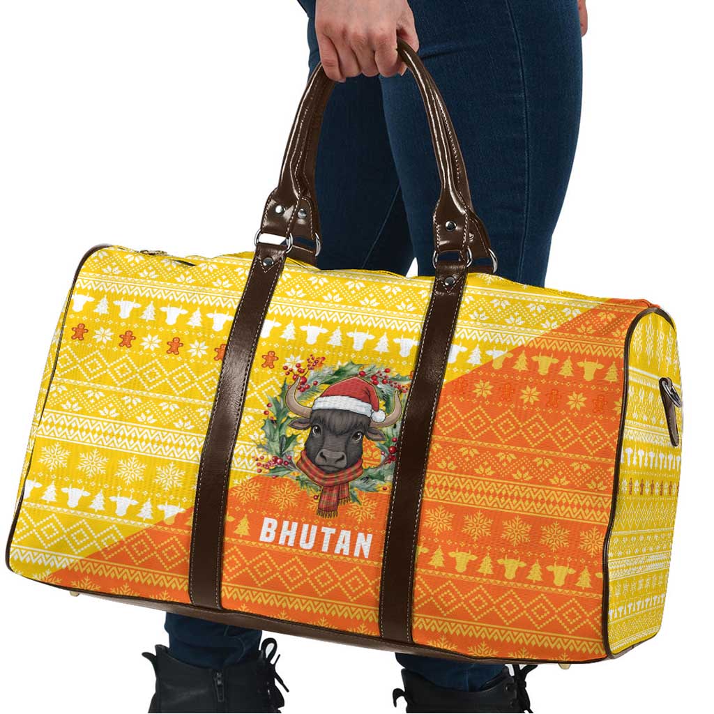 Bhutan Christmas Travel Bag with Takin Reindeer Antlers Santa Hat and Yellow Orange Holiday Pattern - Wonder Print Shop