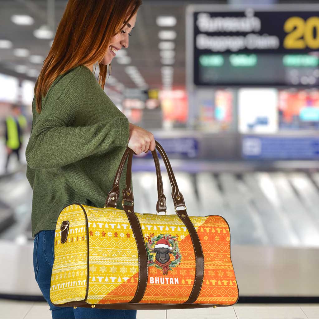 Bhutan Christmas Travel Bag with Takin Reindeer Antlers Santa Hat and Yellow Orange Holiday Pattern - Wonder Print Shop