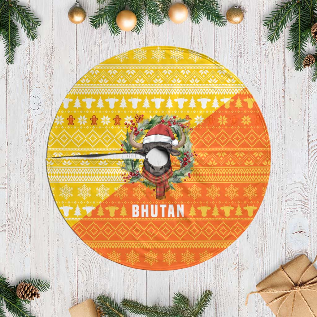 Bhutan Christmas Tree Skirt with Takin Reindeer Antlers Santa Hat and Yellow Orange Holiday Pattern - Wonder Print Shop