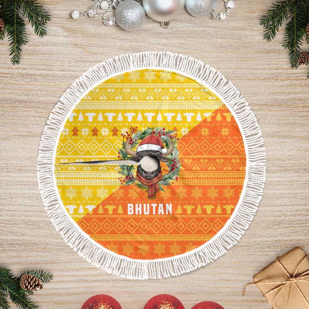 Bhutan Christmas Tree Skirt with Takin Reindeer Antlers Santa Hat and Yellow Orange Holiday Pattern - Wonder Print Shop