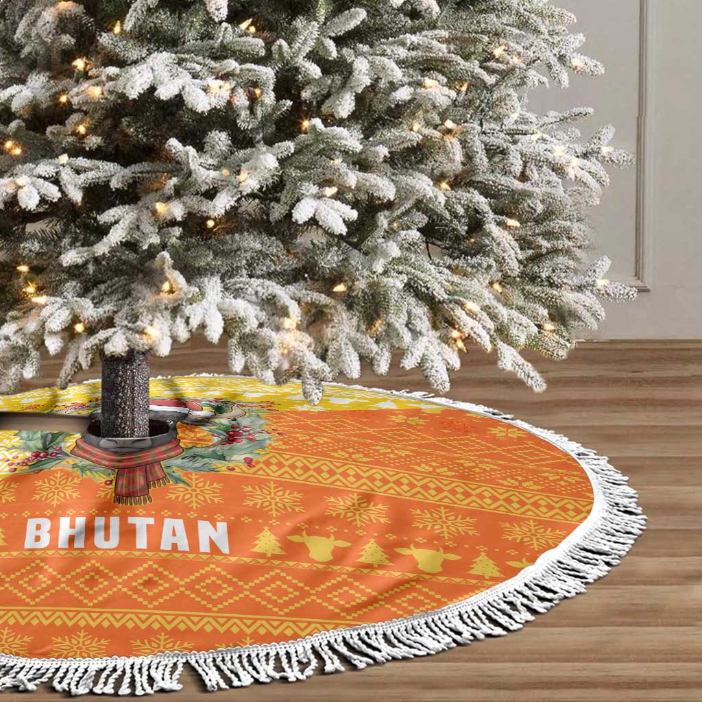 Bhutan Christmas Tree Skirt with Takin Reindeer Antlers Santa Hat and Yellow Orange Holiday Pattern - Wonder Print Shop