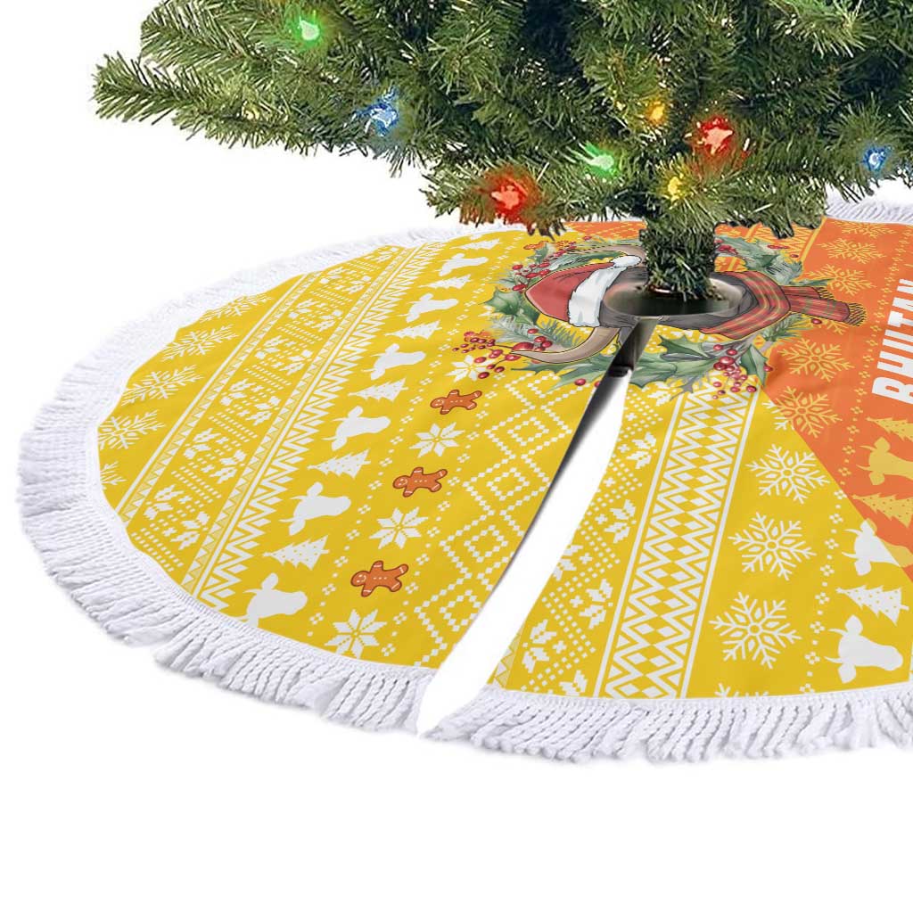 Bhutan Christmas Tree Skirt with Takin Reindeer Antlers Santa Hat and Yellow Orange Holiday Pattern - Wonder Print Shop