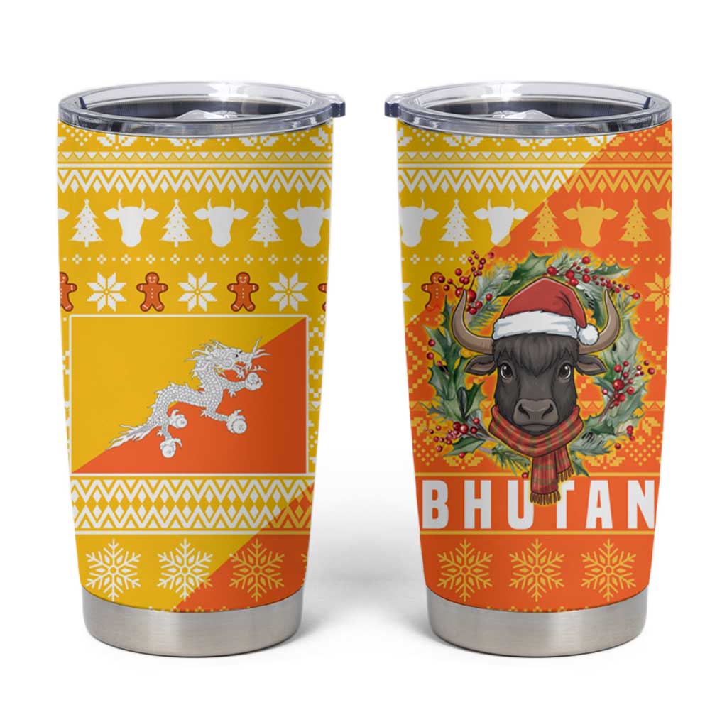 Bhutan Christmas Tumbler Cup with Takin Reindeer Antlers Santa Hat and Yellow Orange Holiday Pattern - Wonder Print Shop
