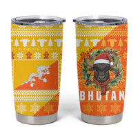 Bhutan Christmas Tumbler Cup with Takin Reindeer Antlers Santa Hat and Yellow Orange Holiday Pattern - Wonder Print Shop