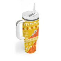 Bhutan Christmas Tumbler With Handle with Takin Reindeer Antlers Santa Hat and Yellow Orange Holiday Pattern - Wonder Print Shop