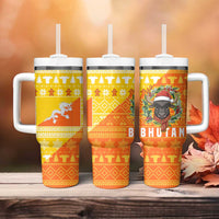 Bhutan Christmas Tumbler With Handle with Takin Reindeer Antlers Santa Hat and Yellow Orange Holiday Pattern - Wonder Print Shop