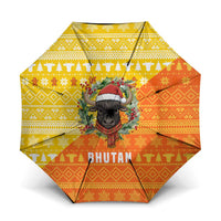 Bhutan Christmas Umbrella with Takin Reindeer Antlers Santa Hat and Yellow Orange Holiday Pattern - Wonder Print Shop