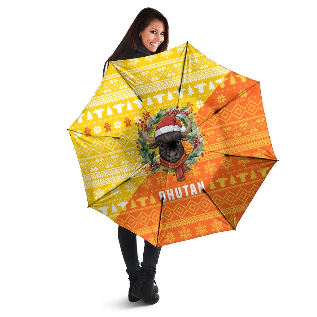 Bhutan Christmas Umbrella with Takin Reindeer Antlers Santa Hat and Yellow Orange Holiday Pattern - Wonder Print Shop