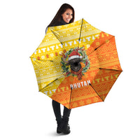 Bhutan Christmas Umbrella with Takin Reindeer Antlers Santa Hat and Yellow Orange Holiday Pattern - Wonder Print Shop