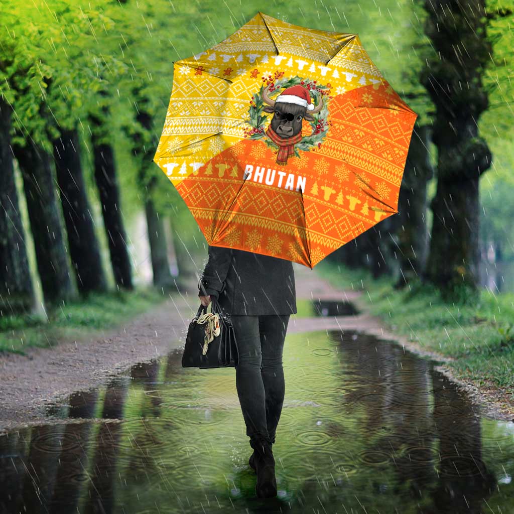 Bhutan Christmas Umbrella with Takin Reindeer Antlers Santa Hat and Yellow Orange Holiday Pattern - Wonder Print Shop