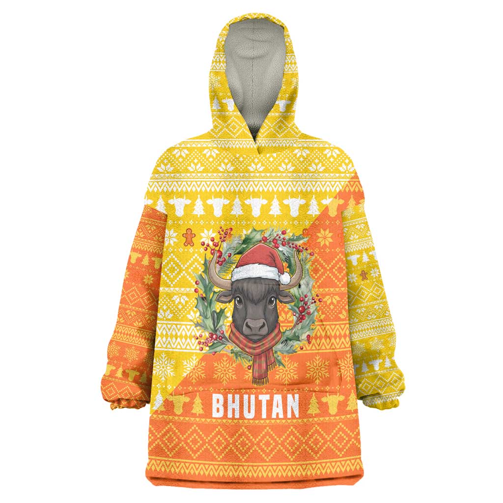 Bhutan Christmas Wearable Blanket Hoodie with Takin Reindeer Antlers Santa Hat and Yellow Orange Holiday Pattern - Wonder Print Shop