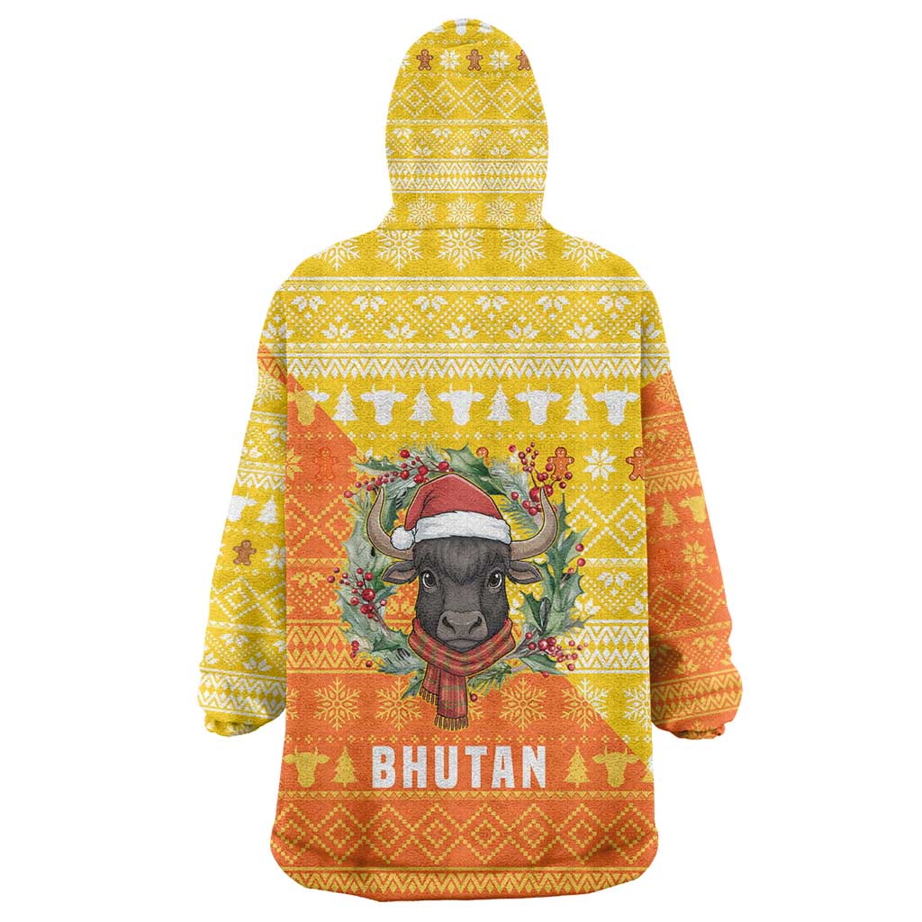 Bhutan Christmas Wearable Blanket Hoodie with Takin Reindeer Antlers Santa Hat and Yellow Orange Holiday Pattern - Wonder Print Shop