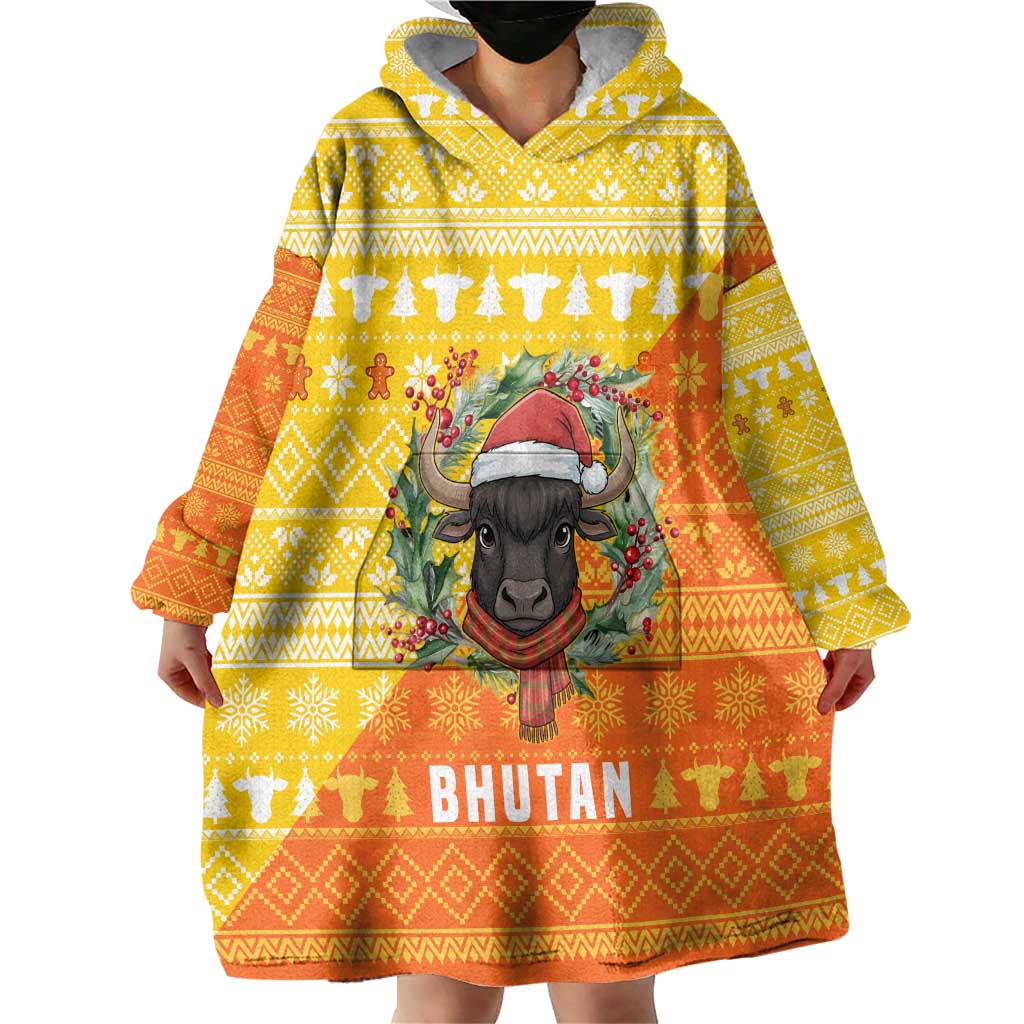 Bhutan Christmas Wearable Blanket Hoodie with Takin Reindeer Antlers Santa Hat and Yellow Orange Holiday Pattern - Wonder Print Shop