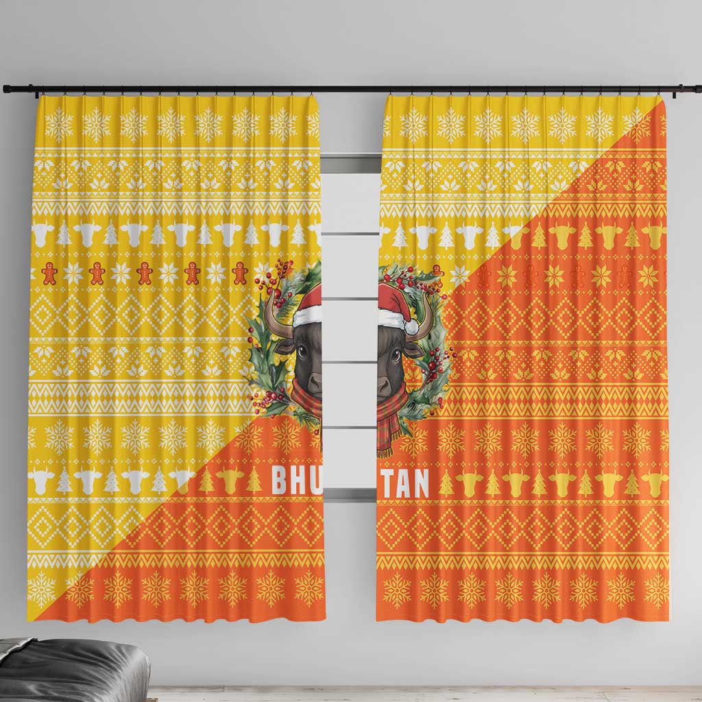 Bhutan Christmas Window Curtain with Takin Reindeer Antlers Santa Hat and Yellow Orange Holiday Pattern - Wonder Print Shop