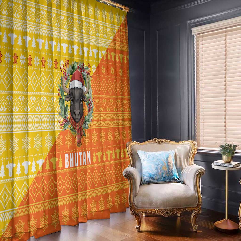 Bhutan Christmas Window Curtain with Takin Reindeer Antlers Santa Hat and Yellow Orange Holiday Pattern - Wonder Print Shop