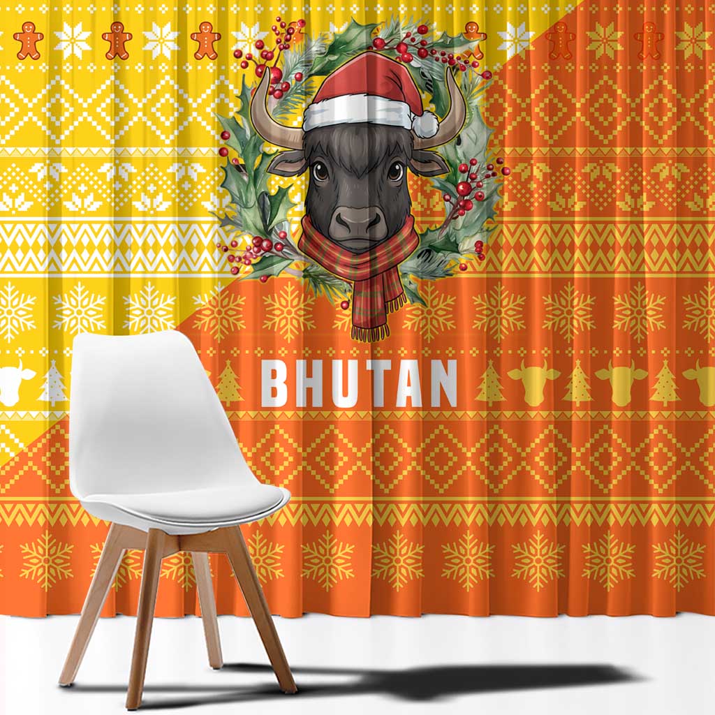Bhutan Christmas Window Curtain with Takin Reindeer Antlers Santa Hat and Yellow Orange Holiday Pattern - Wonder Print Shop