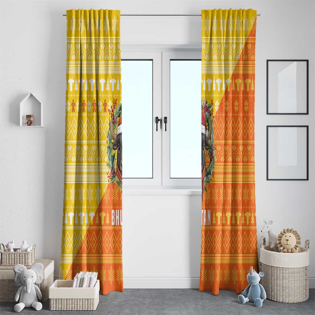 Bhutan Christmas Window Curtain with Takin Reindeer Antlers Santa Hat and Yellow Orange Holiday Pattern - Wonder Print Shop