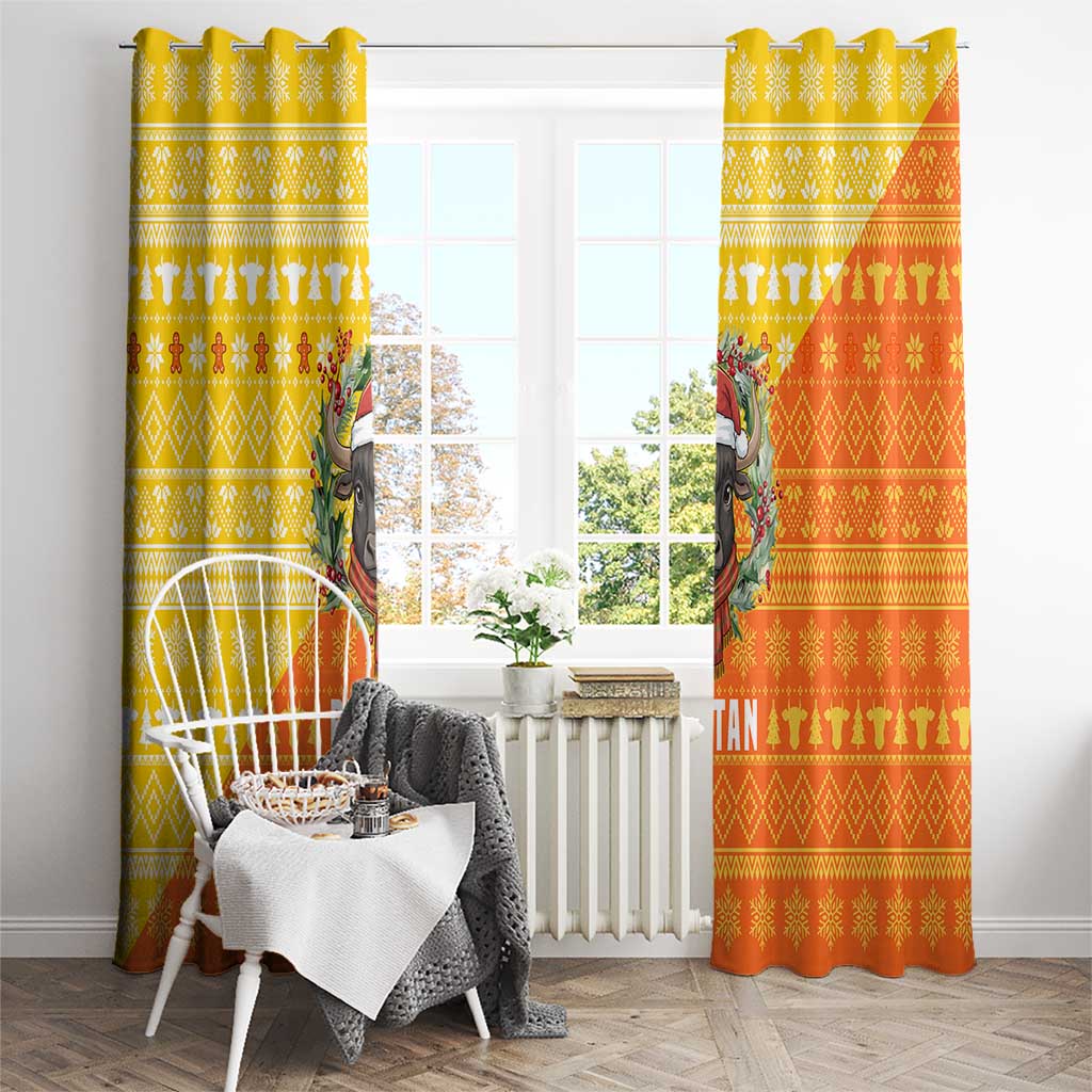 Bhutan Christmas Window Curtain with Takin Reindeer Antlers Santa Hat and Yellow Orange Holiday Pattern - Wonder Print Shop