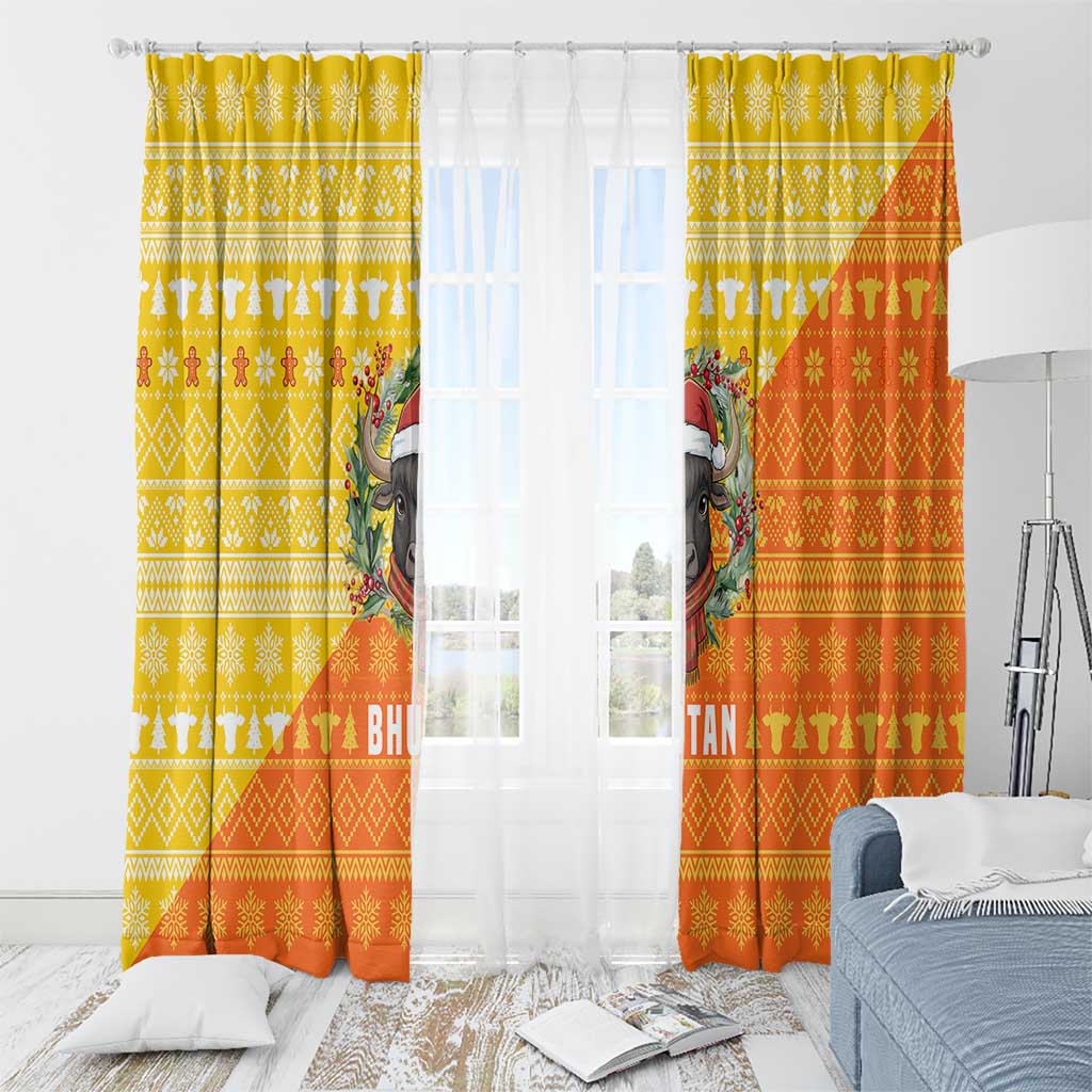 Bhutan Christmas Window Curtain with Takin Reindeer Antlers Santa Hat and Yellow Orange Holiday Pattern - Wonder Print Shop