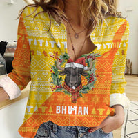 Bhutan Christmas Women Casual Shirt with Takin Reindeer Antlers Santa Hat and Yellow Orange Holiday Pattern - Wonder Print Shop