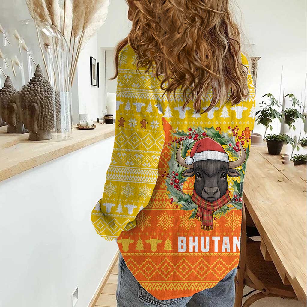 Bhutan Christmas Women Casual Shirt with Takin Reindeer Antlers Santa Hat and Yellow Orange Holiday Pattern - Wonder Print Shop