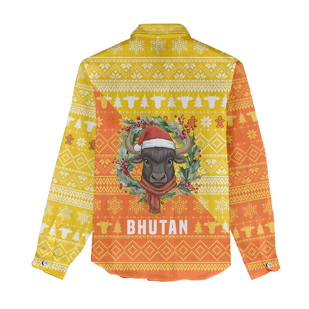 Bhutan Christmas Women Casual Shirt with Takin Reindeer Antlers Santa Hat and Yellow Orange Holiday Pattern - Wonder Print Shop