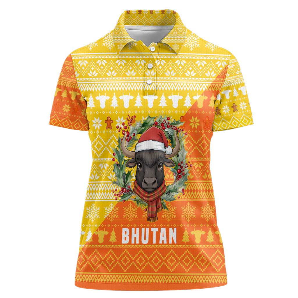 Bhutan Christmas Women Polo Shirt with Takin Reindeer Antlers Santa Hat and Yellow Orange Holiday Pattern - Wonder Print Shop
