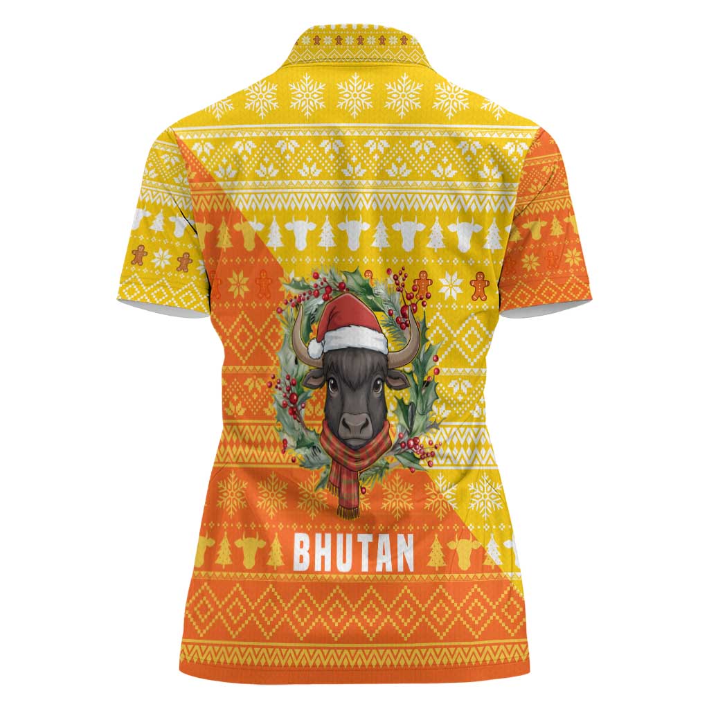 Bhutan Christmas Women Polo Shirt with Takin Reindeer Antlers Santa Hat and Yellow Orange Holiday Pattern - Wonder Print Shop