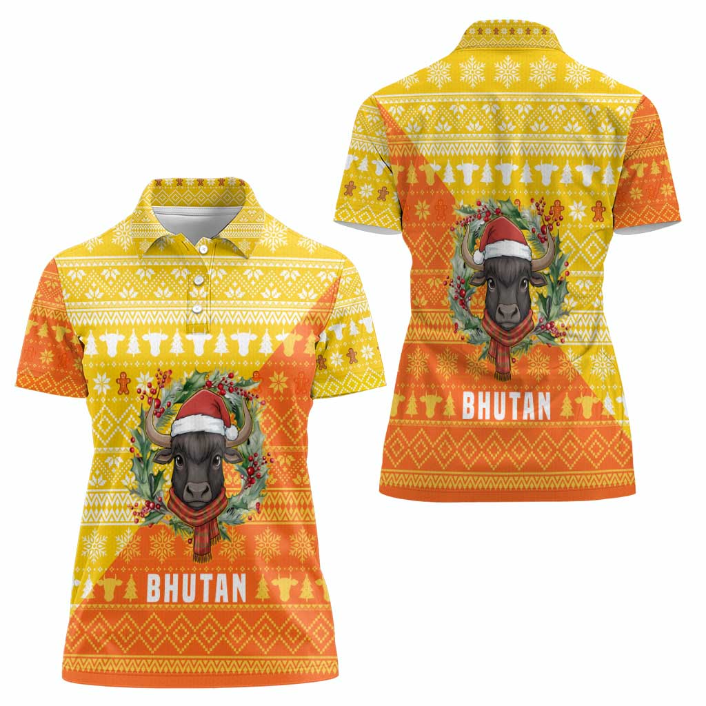 Bhutan Christmas Women Polo Shirt with Takin Reindeer Antlers Santa Hat and Yellow Orange Holiday Pattern - Wonder Print Shop