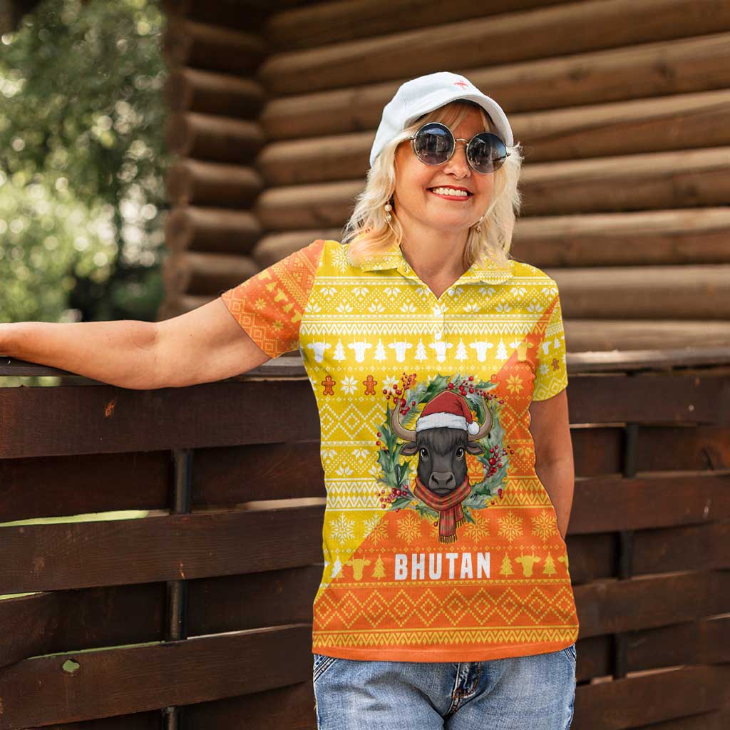 Bhutan Christmas Women Polo Shirt with Takin Reindeer Antlers Santa Hat and Yellow Orange Holiday Pattern - Wonder Print Shop