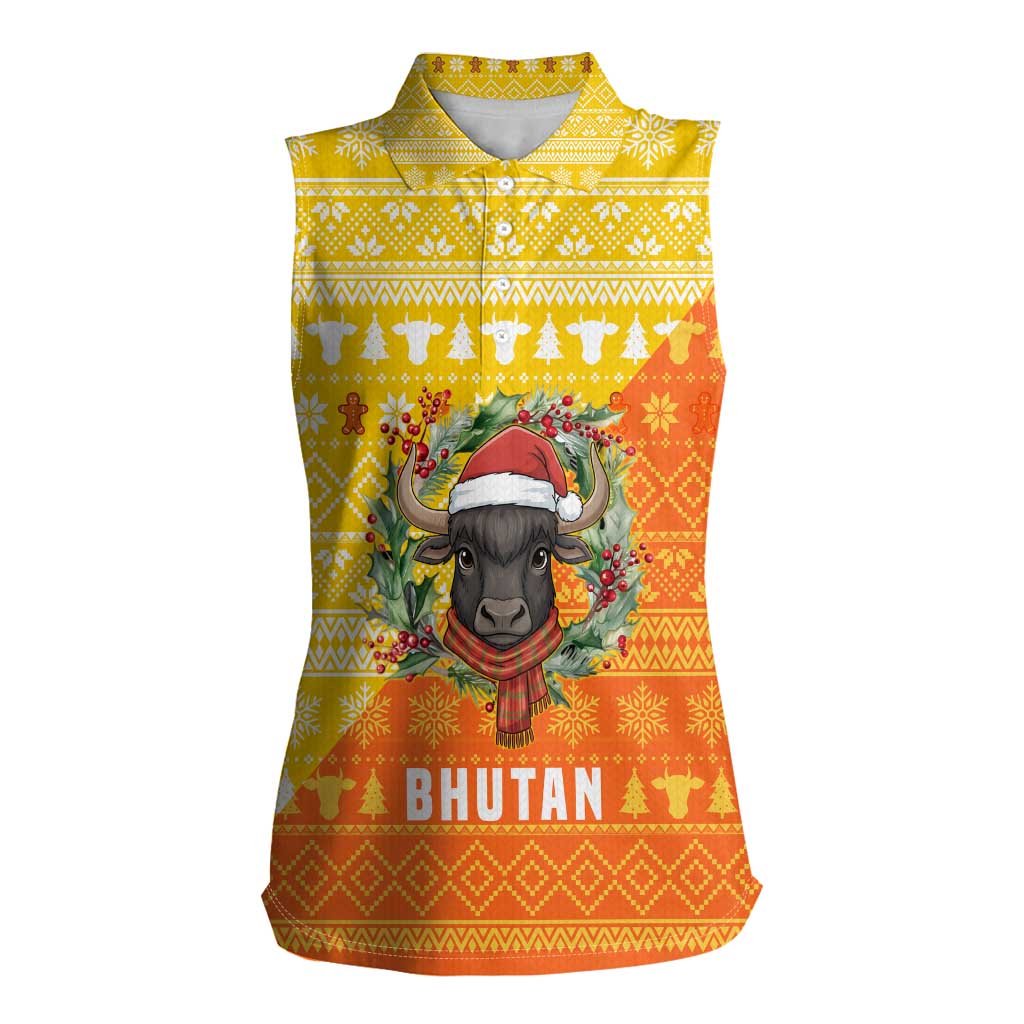 Bhutan Christmas Women Sleeveless Polo Shirt with Takin Reindeer Antlers Santa Hat and Yellow Orange Holiday Pattern - Wonder Print Shop