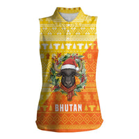 Bhutan Christmas Women Sleeveless Polo Shirt with Takin Reindeer Antlers Santa Hat and Yellow Orange Holiday Pattern - Wonder Print Shop