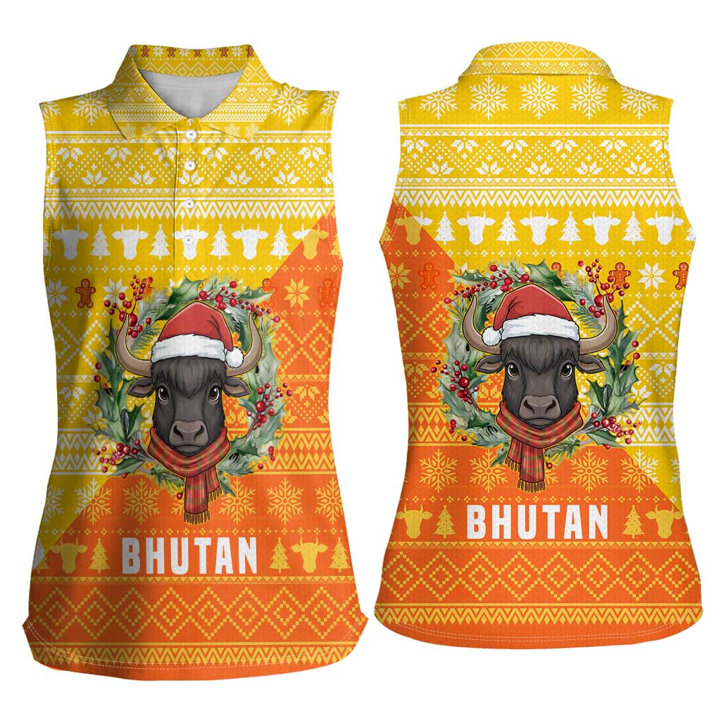 Bhutan Christmas Women Sleeveless Polo Shirt with Takin Reindeer Antlers Santa Hat and Yellow Orange Holiday Pattern - Wonder Print Shop