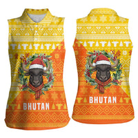 Bhutan Christmas Women Sleeveless Polo Shirt with Takin Reindeer Antlers Santa Hat and Yellow Orange Holiday Pattern - Wonder Print Shop