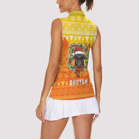 Bhutan Christmas Women Sleeveless Polo Shirt with Takin Reindeer Antlers Santa Hat and Yellow Orange Holiday Pattern - Wonder Print Shop