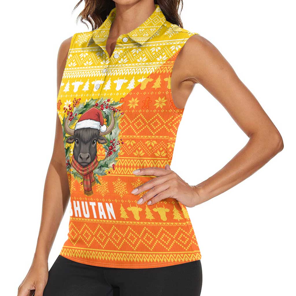 Bhutan Christmas Women Sleeveless Polo Shirt with Takin Reindeer Antlers Santa Hat and Yellow Orange Holiday Pattern - Wonder Print Shop