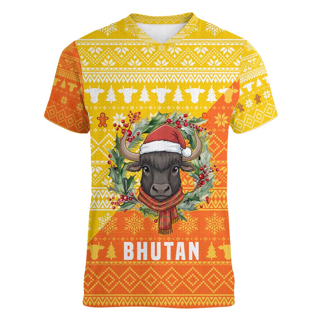 Bhutan Christmas Women V-Neck T-Shirt with Takin Reindeer Antlers Santa Hat and Yellow Orange Holiday Pattern - Wonder Print Shop