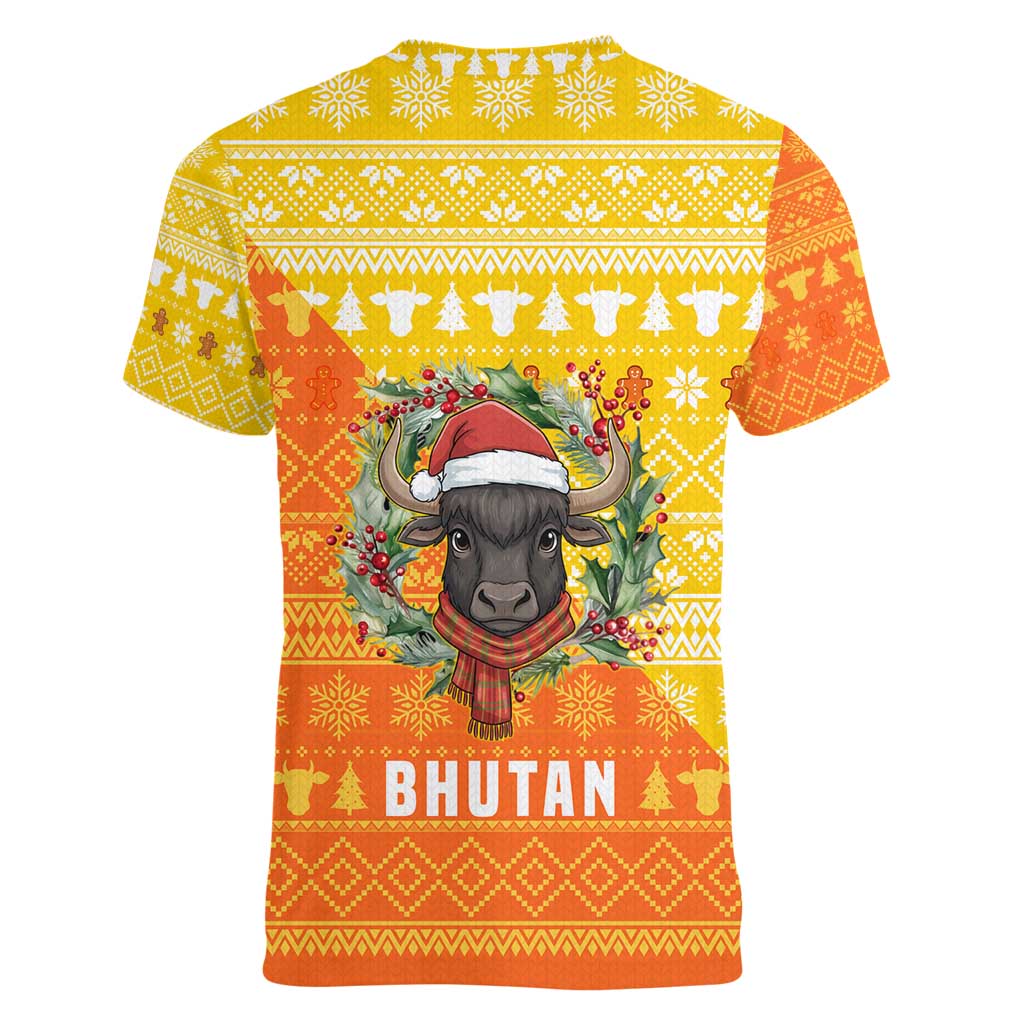 Bhutan Christmas Women V-Neck T-Shirt with Takin Reindeer Antlers Santa Hat and Yellow Orange Holiday Pattern - Wonder Print Shop