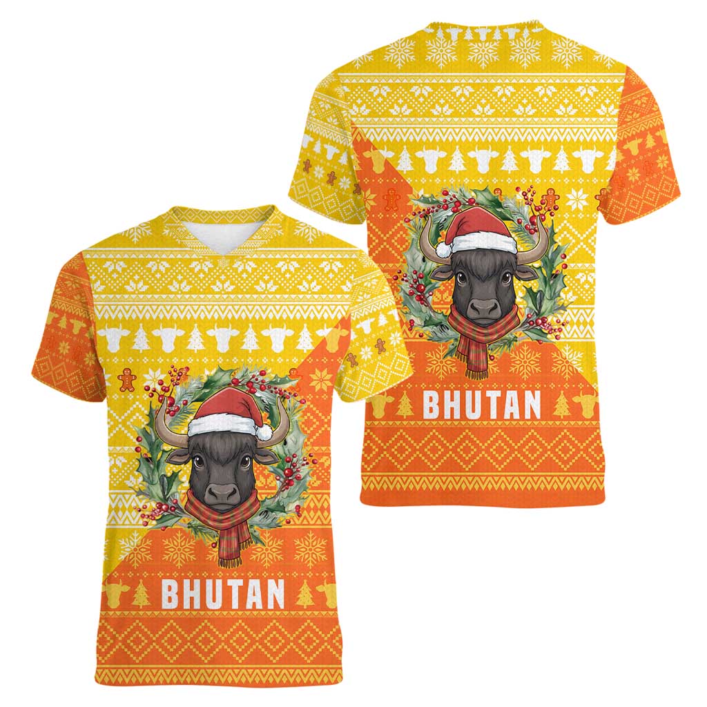 Bhutan Christmas Women V-Neck T-Shirt with Takin Reindeer Antlers Santa Hat and Yellow Orange Holiday Pattern - Wonder Print Shop