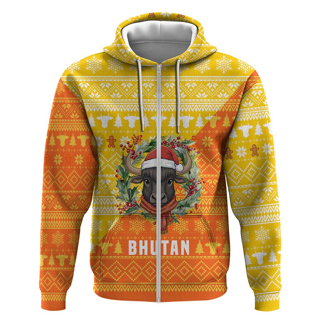 Bhutan Christmas Zip Hoodie with Takin Reindeer Antlers Santa Hat and Yellow Orange Holiday Pattern - Wonder Print Shop