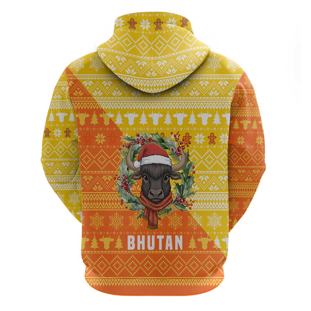 Bhutan Christmas Zip Hoodie with Takin Reindeer Antlers Santa Hat and Yellow Orange Holiday Pattern - Wonder Print Shop