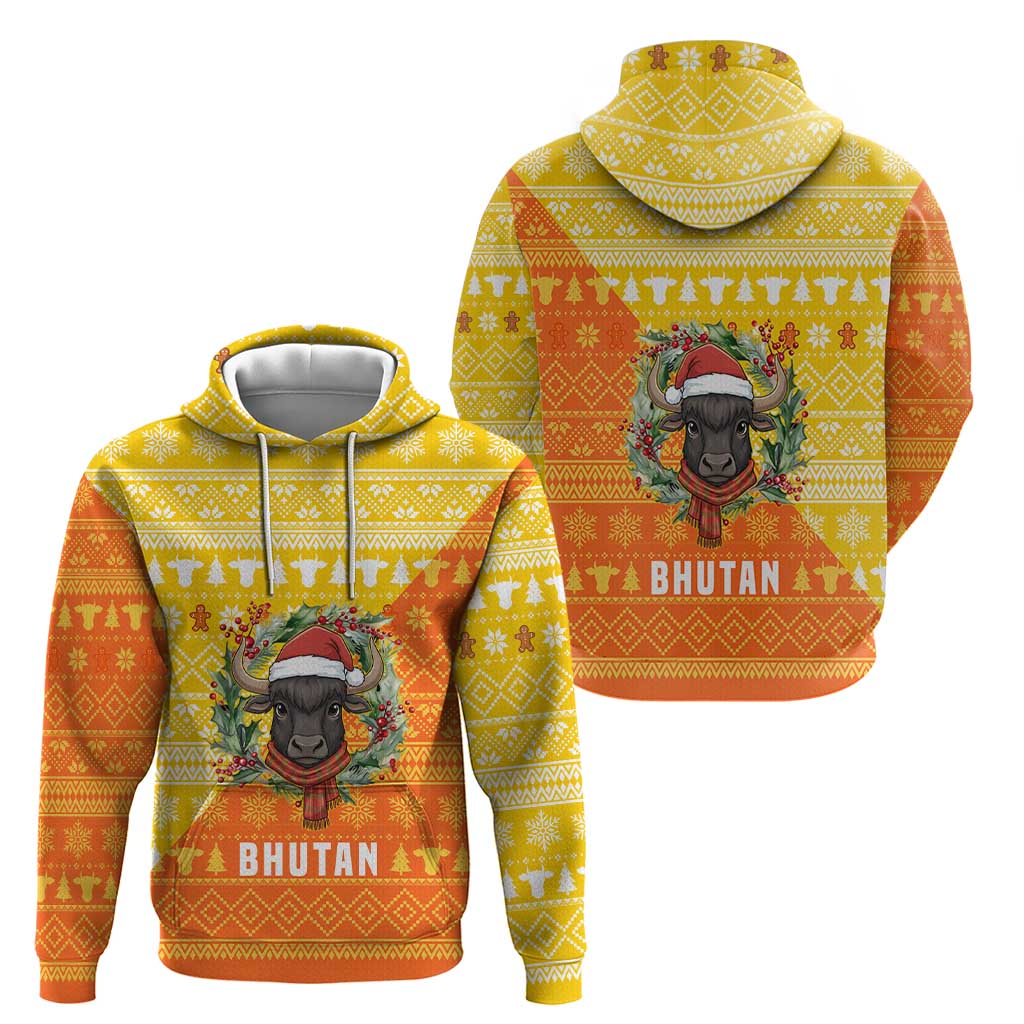 Bhutan Christmas Zip Hoodie with Takin Reindeer Antlers Santa Hat and Yellow Orange Holiday Pattern - Wonder Print Shop
